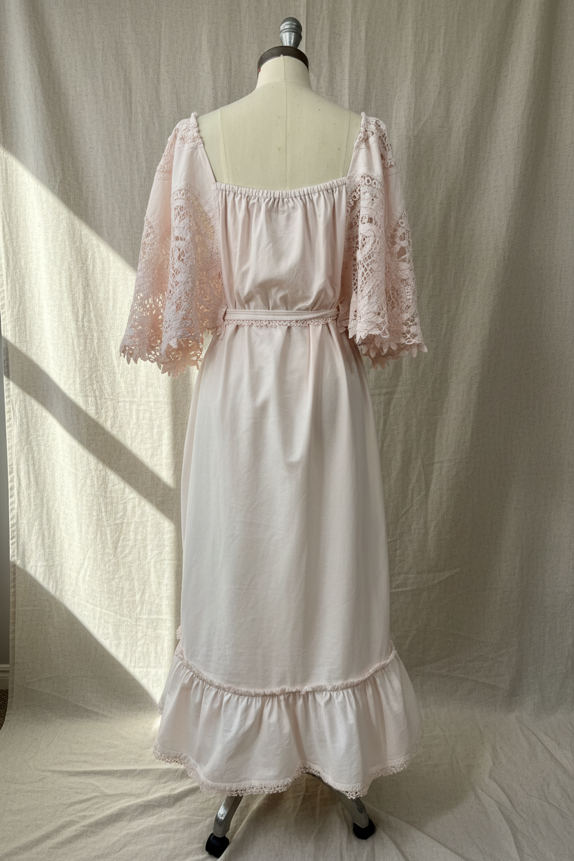 One-of-a-kind upcycled lace back view dress made from vintage Battenburg lace with inset pockets and adjustable tie waist, from the Quiet Heirlooms collection
