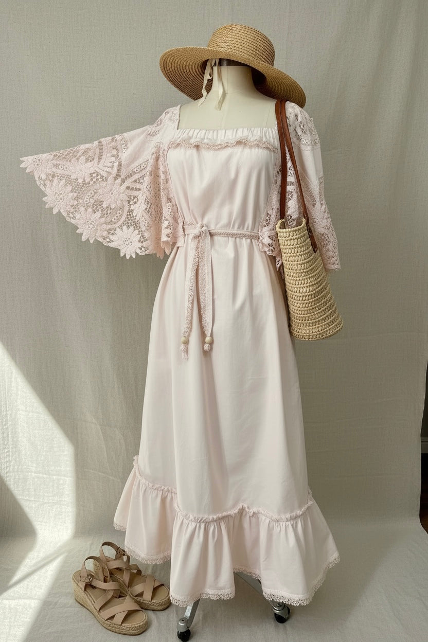 One-of-a-kind upcycled lace dress styled, made from vintage Battenburg lace with inset pockets and adjustable tie waist, from the Quiet Heirlooms collection
